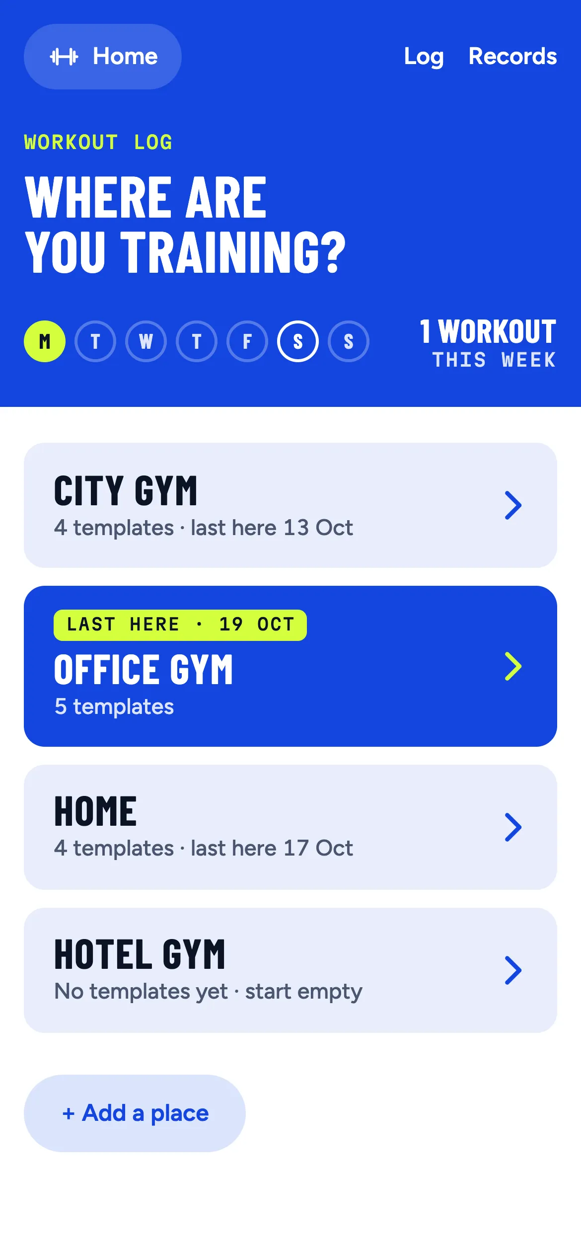 Resist's home screen: four places to train, with this week's workouts across the top