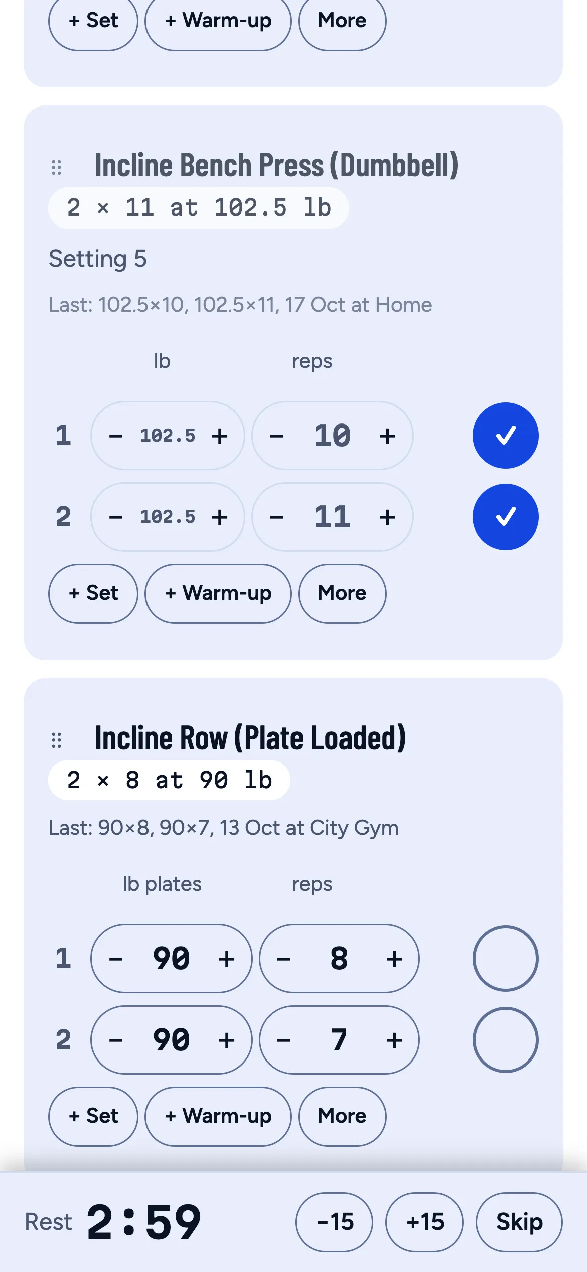 A workout in progress, two exercises ticked off and a rest timer counting down